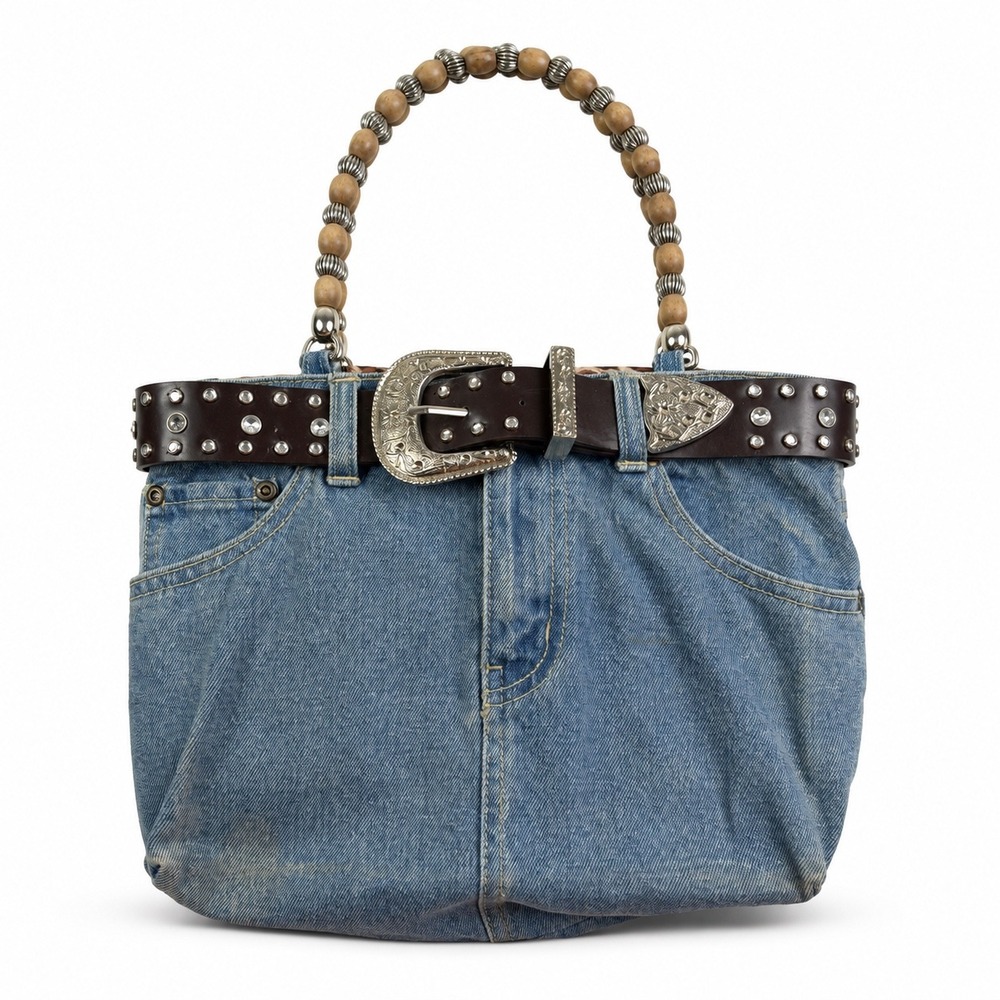 Vintage Y2K Blue Denim Rhinestone Cowgirl Western Belt Beaded Handbag Purse